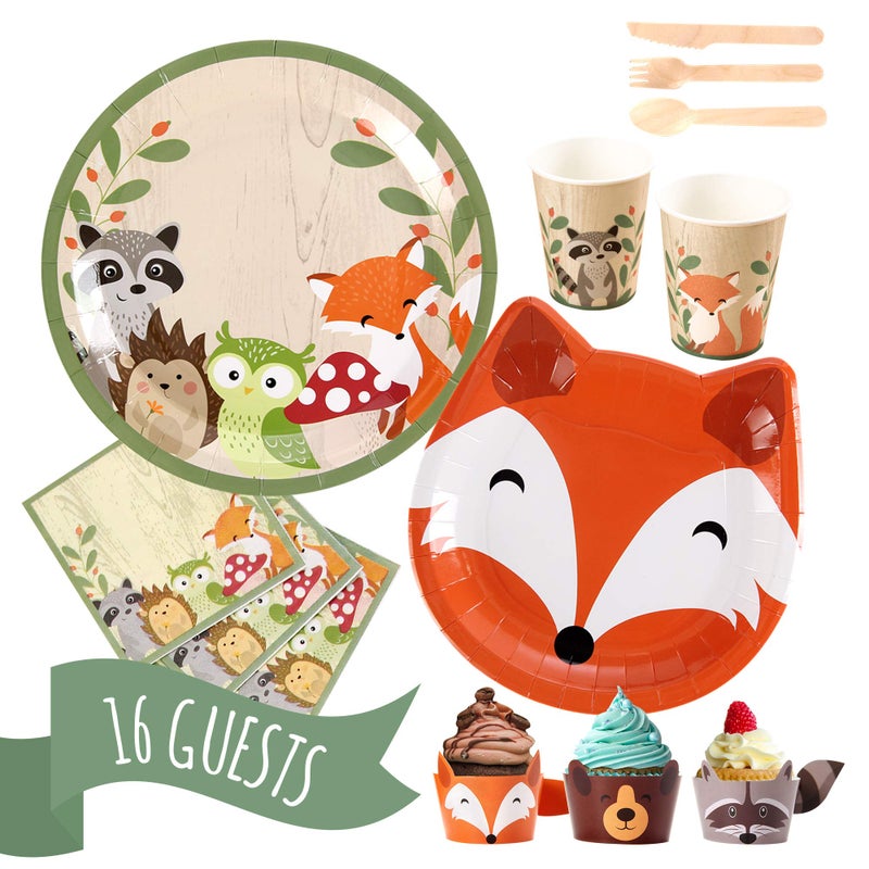 Pop Fizz Designs Woodland Creatures Party Pack | Plates, Napkins, Cups, Silverware, and Cupcake Wrappers - Image 1